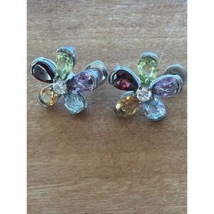 Vintage 925 Sterling Silver Multigem Flower Stud Earrings Stones  Untested